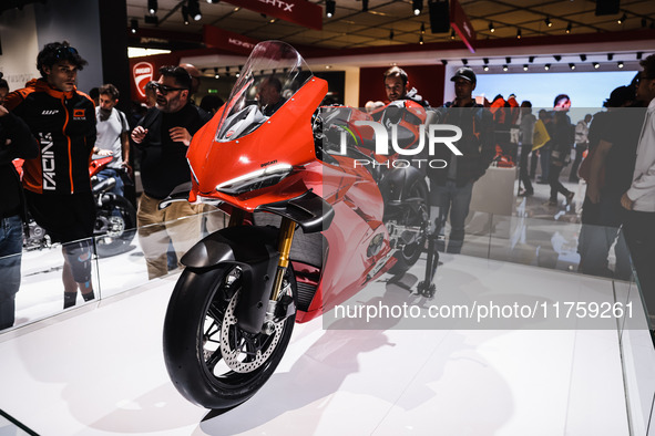 A general view of a motorcycle display at the Ducati stand during the 110th edition of the EICMA Milan Motorcycle Show at Rho Fiera Milano i...