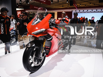 A general view of a motorcycle display at the Ducati stand during the 110th edition of the EICMA Milan Motorcycle Show at Rho Fiera Milano i...