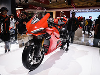 A general view of a motorcycle display at the Ducati stand during the 110th edition of the EICMA Milan Motorcycle Show at Rho Fiera Milano i...