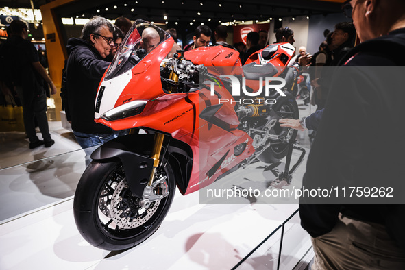 A general view of a motorcycle display at the Ducati stand during the 110th edition of the EICMA Milan Motorcycle Show at Rho Fiera Milano i...