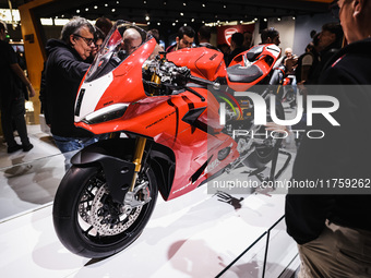 A general view of a motorcycle display at the Ducati stand during the 110th edition of the EICMA Milan Motorcycle Show at Rho Fiera Milano i...