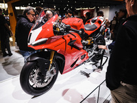 A general view of a motorcycle display at the Ducati stand during the 110th edition of the EICMA Milan Motorcycle Show at Rho Fiera Milano i...