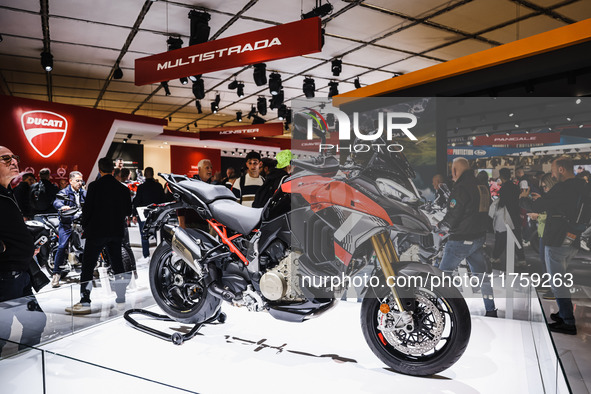 A general view of a motorcycle display at the Ducati stand during the 110th edition of the EICMA Milan Motorcycle Show at Rho Fiera Milano i...