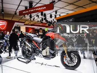 A general view of a motorcycle display at the Ducati stand during the 110th edition of the EICMA Milan Motorcycle Show at Rho Fiera Milano i...