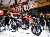 A general view of a motorcycle display at the Ducati stand during the 110th edition of the EICMA Milan Motorcycle Show at Rho Fiera Milano i...