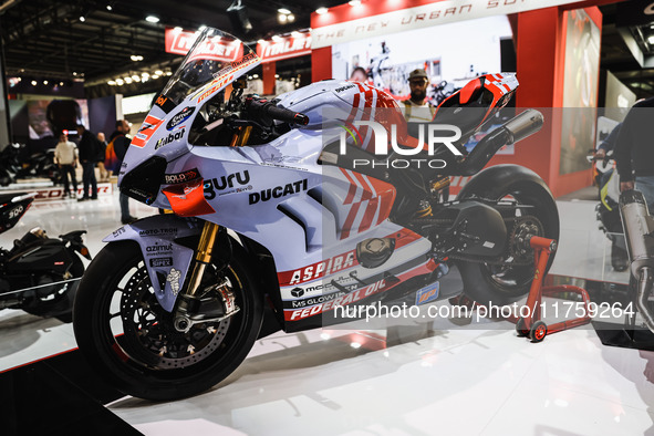 A general view of a motorcycle display at the exhibition stand during the 110th edition of EICMA Milan Motorcycle Show at Rho Fiera Milano i...