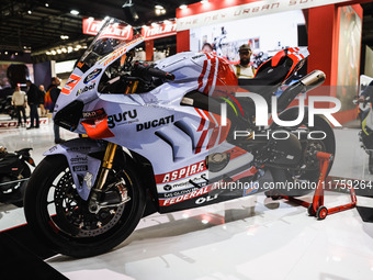 A general view of a motorcycle display at the exhibition stand during the 110th edition of EICMA Milan Motorcycle Show at Rho Fiera Milano i...