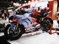 A general view of a motorcycle display at the exhibition stand during the 110th edition of EICMA Milan Motorcycle Show at Rho Fiera Milano i...