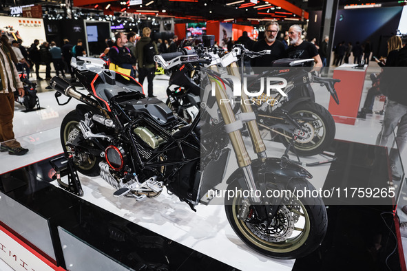 A general view of a motorcycle display at the exhibition stand during the 110th edition of EICMA Milan Motorcycle Show at Rho Fiera Milano i...