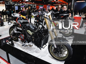 A general view of a motorcycle display at the exhibition stand during the 110th edition of EICMA Milan Motorcycle Show at Rho Fiera Milano i...