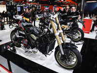 A general view of a motorcycle display at the exhibition stand during the 110th edition of EICMA Milan Motorcycle Show at Rho Fiera Milano i...