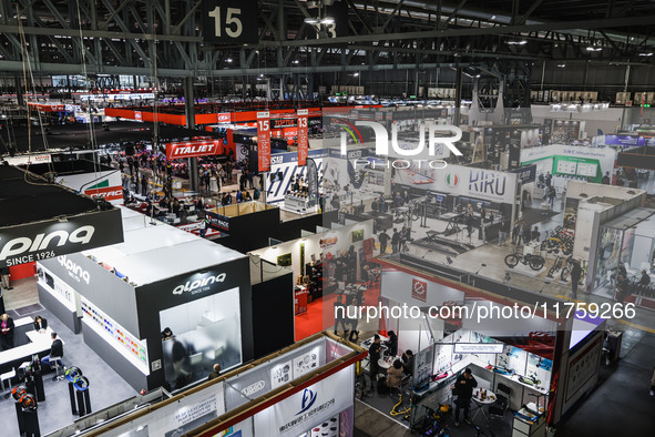 A general view of a motorcycle display at the exhibition stand during the 110th edition of EICMA Milan Motorcycle Show at Rho Fiera Milano i...