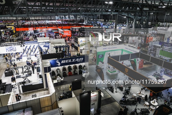 A general view of a motorcycle display at the exhibition stand during the 110th edition of EICMA Milan Motorcycle Show at Rho Fiera Milano i...