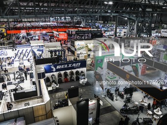 A general view of a motorcycle display at the exhibition stand during the 110th edition of EICMA Milan Motorcycle Show at Rho Fiera Milano i...