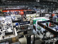 A general view of a motorcycle display at the exhibition stand during the 110th edition of EICMA Milan Motorcycle Show at Rho Fiera Milano i...