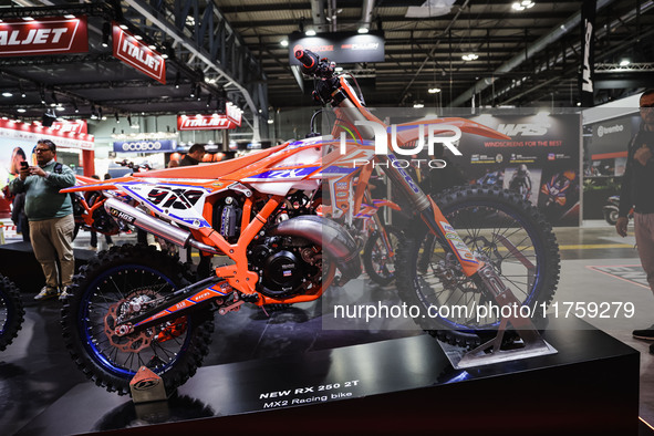 A general view of a motorcycle display at the Beta stand during the 110th edition of EICMA Milan Motorcycle Show at Rho Fiera Milano in Mila...