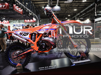 A general view of a motorcycle display at the Beta stand during the 110th edition of EICMA Milan Motorcycle Show at Rho Fiera Milano in Mila...