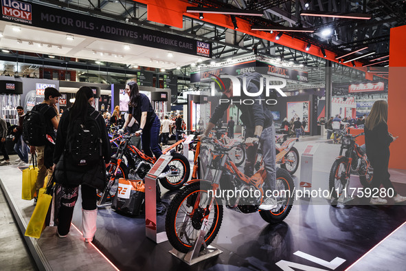 A general view of a motorcycle display at the Beta stand during the 110th edition of EICMA Milan Motorcycle Show at Rho Fiera Milano in Mila...