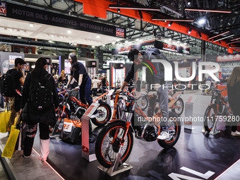 A general view of a motorcycle display at the Beta stand during the 110th edition of EICMA Milan Motorcycle Show at Rho Fiera Milano in Mila...