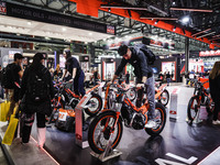 A general view of a motorcycle display at the Beta stand during the 110th edition of EICMA Milan Motorcycle Show at Rho Fiera Milano in Mila...