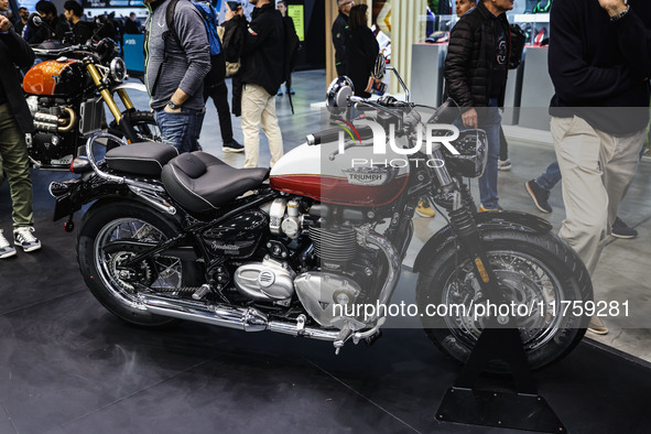 A general view of a motorcycle display at the Triumph stand during the 110th edition of EICMA Milan Motorcycle Show at Rho Fiera Milano in M...