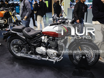 A general view of a motorcycle display at the Triumph stand during the 110th edition of EICMA Milan Motorcycle Show at Rho Fiera Milano in M...