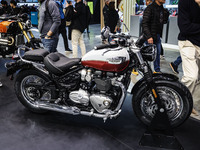 A general view of a motorcycle display at the Triumph stand during the 110th edition of EICMA Milan Motorcycle Show at Rho Fiera Milano in M...