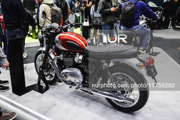 A general view of a motorcycle display at the Triumph stand during the 110th edition of EICMA Milan Motorcycle Show at Rho Fiera Milano in M...