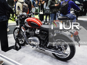 A general view of a motorcycle display at the Triumph stand during the 110th edition of EICMA Milan Motorcycle Show at Rho Fiera Milano in M...