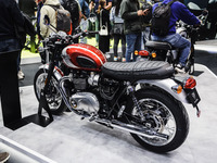 A general view of a motorcycle display at the Triumph stand during the 110th edition of EICMA Milan Motorcycle Show at Rho Fiera Milano in M...