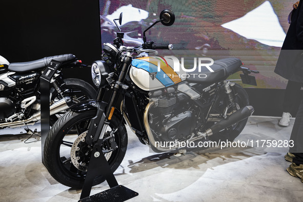 A general view of a motorcycle display at the Triumph stand during the 110th edition of EICMA Milan Motorcycle Show at Rho Fiera Milano in M...