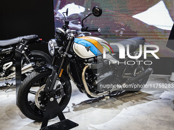 A general view of a motorcycle display at the Triumph stand during the 110th edition of EICMA Milan Motorcycle Show at Rho Fiera Milano in M...