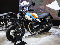 A general view of a motorcycle display at the Triumph stand during the 110th edition of EICMA Milan Motorcycle Show at Rho Fiera Milano in M...