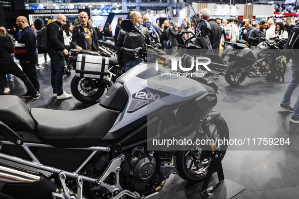 A general view of a motorcycle display at the Triumph stand during the 110th edition of EICMA Milan Motorcycle Show at Rho Fiera Milano in M...