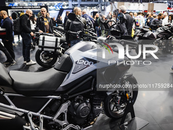 A general view of a motorcycle display at the Triumph stand during the 110th edition of EICMA Milan Motorcycle Show at Rho Fiera Milano in M...