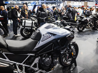 A general view of a motorcycle display at the Triumph stand during the 110th edition of EICMA Milan Motorcycle Show at Rho Fiera Milano in M...