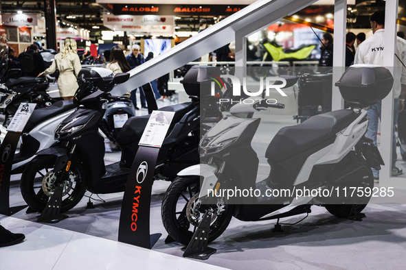 A general view of a motorcycle display at the Kymco stand during the 110th edition of EICMA Milan Motorcycle Show at Rho Fiera Milano in Mil...