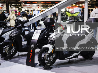 A general view of a motorcycle display at the Kymco stand during the 110th edition of EICMA Milan Motorcycle Show at Rho Fiera Milano in Mil...