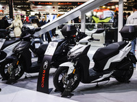 A general view of a motorcycle display at the Kymco stand during the 110th edition of EICMA Milan Motorcycle Show at Rho Fiera Milano in Mil...