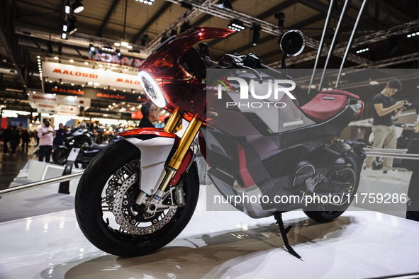 A general view of a motorcycle display at the Kymco stand during the 110th edition of EICMA Milan Motorcycle Show at Rho Fiera Milano in Mil...