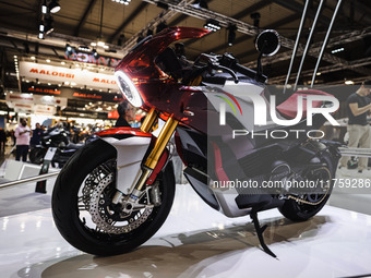 A general view of a motorcycle display at the Kymco stand during the 110th edition of EICMA Milan Motorcycle Show at Rho Fiera Milano in Mil...