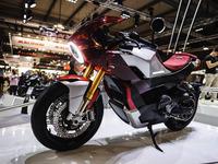 A general view of a motorcycle display at the Kymco stand during the 110th edition of EICMA Milan Motorcycle Show at Rho Fiera Milano in Mil...