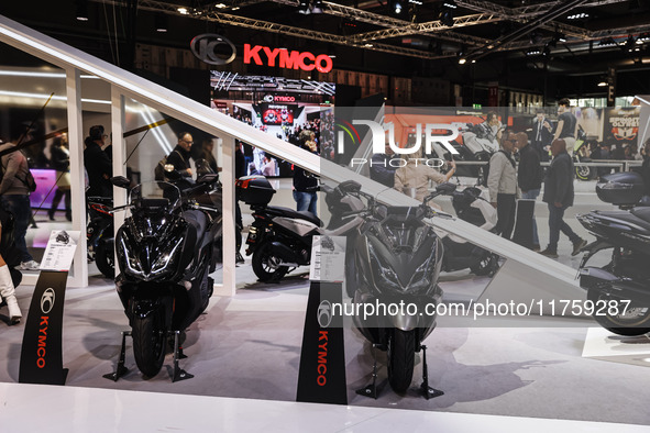 A general view of a motorcycle display at the Kymco stand during the 110th edition of EICMA Milan Motorcycle Show at Rho Fiera Milano in Mil...