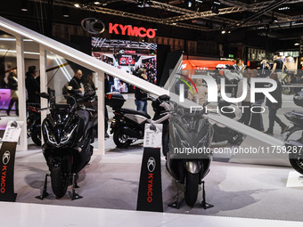 A general view of a motorcycle display at the Kymco stand during the 110th edition of EICMA Milan Motorcycle Show at Rho Fiera Milano in Mil...