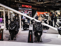 A general view of a motorcycle display at the Kymco stand during the 110th edition of EICMA Milan Motorcycle Show at Rho Fiera Milano in Mil...