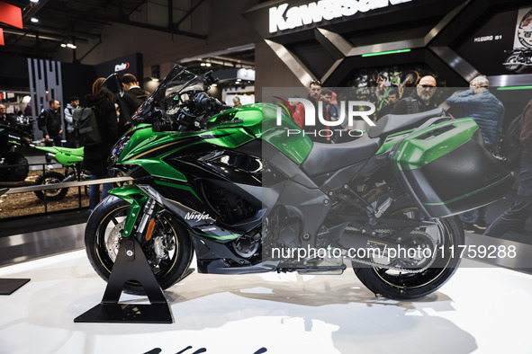 A general view of a motorcycle display at the Kawasaki stand during the 110th edition of EICMA Milan Motorcycle Show at Rho Fiera Milano in...