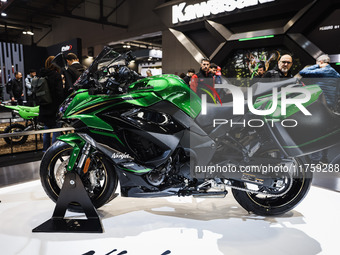 A general view of a motorcycle display at the Kawasaki stand during the 110th edition of EICMA Milan Motorcycle Show at Rho Fiera Milano in...