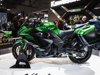 A general view of a motorcycle display at the Kawasaki stand during the 110th edition of EICMA Milan Motorcycle Show at Rho Fiera Milano in...