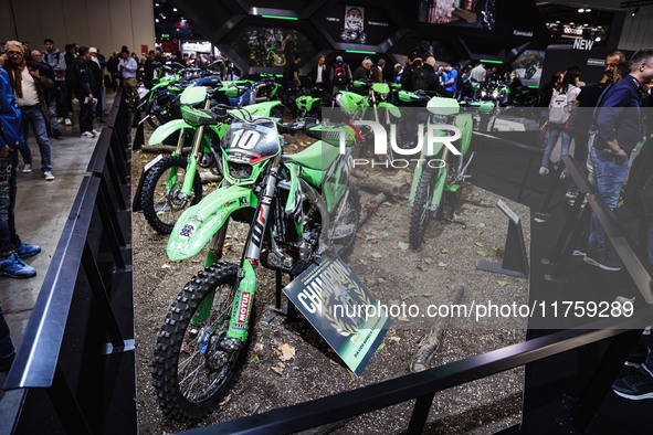 A general view of a motorcycle display at the Kawasaki stand during the 110th edition of EICMA Milan Motorcycle Show at Rho Fiera Milano in...