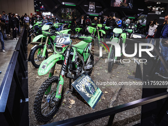 A general view of a motorcycle display at the Kawasaki stand during the 110th edition of EICMA Milan Motorcycle Show at Rho Fiera Milano in...